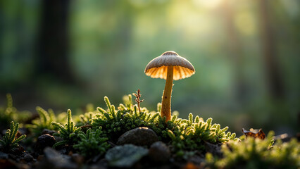 Fototapeta premium Small Mushroom Growing in a Forest with Sunlight