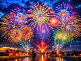 Spectacular Fireworks Display Illuminating the Night Sky with Colorful Bursts of Light and Energy