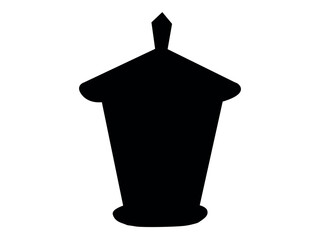Black silhouette of a decorative lantern isolated on a white background. Concept of vintage lighting, traditional lamp, home decor, street lantern, light. Design element, symbol, and icon