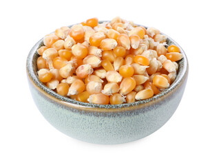 Fresh corn kernels in bowl isolated on white