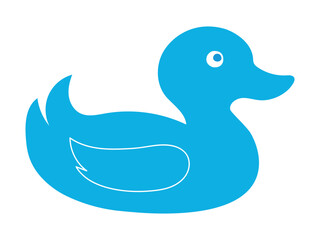 Blue rubber duck isolated on white background. Flat cartoon illustration. Concept of kids' bath toys, cute bird, bright art, duckling. Icon, design element, playful toy for children