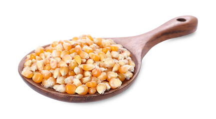 Fresh corn kernels in wooden spoon isolated on white