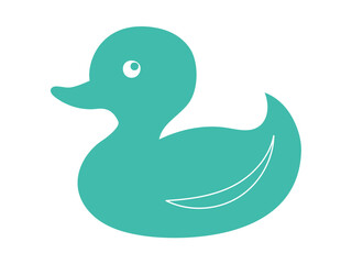 Green rubber duck isolated on white background. Flat cartoon illustration. Concept of kids' bath toys, cute bird, bright art, duckling. Icon, design element, playful toy for children