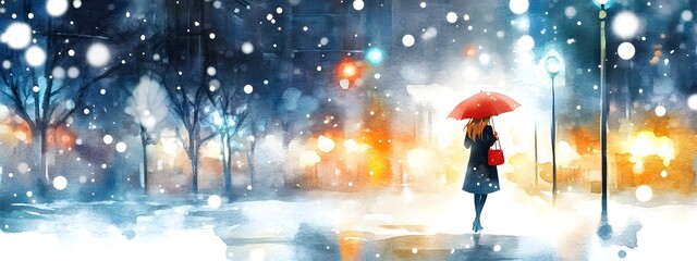 A girl in the city, walking with an umbrella under heavy snowfall, in the style of watercolor