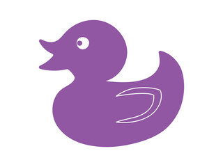 Purple rubber duck isolated on white background. Flat cartoon illustration. Concept of kids' bath toys, cute bird, bright art, duckling. Icon, design element, playful toy for children