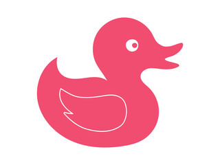 Red rubber duck isolated on white background. Flat cartoon illustration. Concept of kids' bath toys, cute bird, bright art, duckling. Icon, design element, playful toy for children