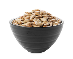 Peeled sunflower seeds in bowl isolated on white