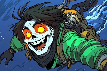 Smiling Skull Faced Man In Space Suit With A Backpack