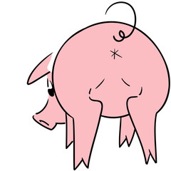 Cute little pig posing seen from behind with head seen from the side smiling
