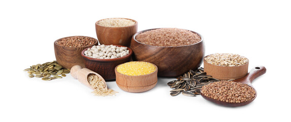 Different types of cereals, legumes and seeds isolated on white