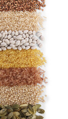 Different types of cereals, legumes and seeds isolated on white, top view