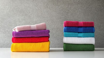 Beautiful Colorful Stack of Towels on White Table with Grey Background