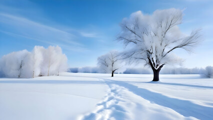 Obraz premium A serene winter landscape with soft, untouched snow covering the ground, bare trees in the background, and a pale blue sky, no people or objects.