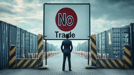 Businessman Facing Trade Barrier at Border Checkpoint with No Trade Sign