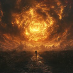 Man standing on a stairway surrounded by flames