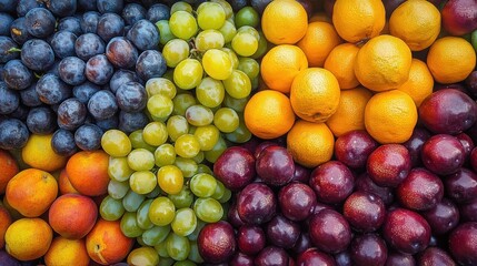 A vibrant assortment of fresh fruits including grapes, oranges, and plums arranged beautifully.