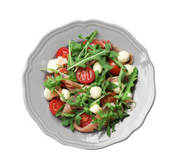 Tasty salad with arugula isolated on white, top view
