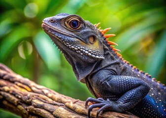 Stunning Black Lizard on a Branch in Natural Habitat Showcasing Unique Scales and Textures