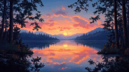 Fototapeta premium tranquil lake reflecting pastel hues of a sunset framed by silhouetted trees creating a serene moment of natures beauty