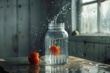 Fresh tomatoes splashing into a mason jar filled with water,  ripe tomatoes resting on a rustic wooden surface in a moody lighting setting.