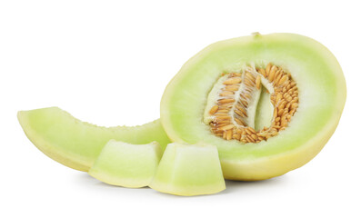 Pieces of fresh ripe honeydew melon isolated on white