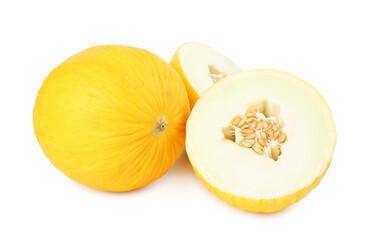 Whole and cut ripe melons isolated on white