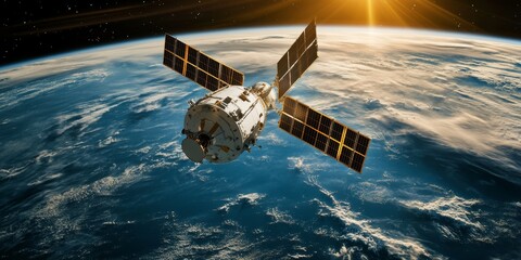 Fototapeta premium Satellite communication in telecommunications, highlighting global data exchanges between satellite networks and ground stations.
