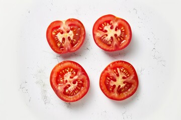 Four halved ripe tomatoes arranged on a cracked white background, displaying vibrant textures.