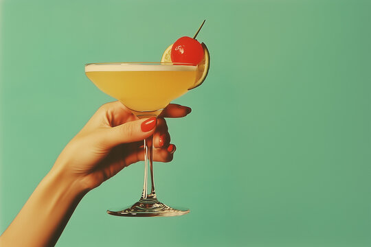  vintage retro female hand holding a cocktail isolated on a plain background, banner/design/web - Powered by Adobe