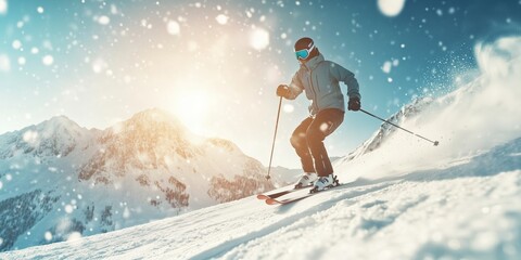 Banner image of professional skier skiing down snowy mountain slopes, experience of thrill of extreme snow sports and winter sports. White snowy landscape, outdoor alpine exercise