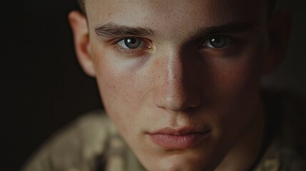 Obraz premium A close-up portrait of a young individual with intense eyes and a serious expression.