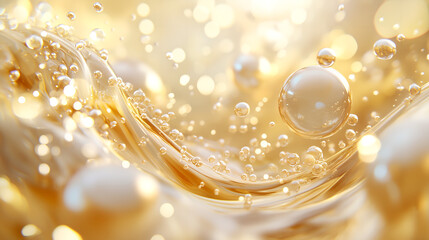 Luxurious Niacinamide Molecules as Shimmering Pearls in Golden Liquid Flow for Radiant Skin
