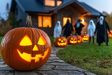 Obraz premium A group of trick-or-treaters approaching a haunted house, with glowing pumpkins lining the path and ghostly figures visible in the windows