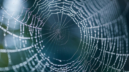 Fototapeta premium Close-up Spider Web with Dewdrops Natural Macro Photography for Nature Themes