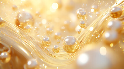 Luxurious Niacinamide Molecules as Shimmering Pearls in Golden Liquid Flow