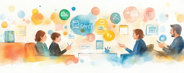 Obraz premium Family Discussion in a Living Room Watercolor Scene