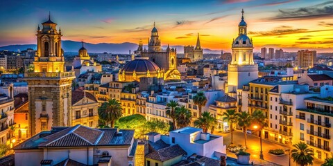 Fototapeta premium Stunning Valencia Skyline at Dusk with Historical and Modern Architecture Illuminated at Night