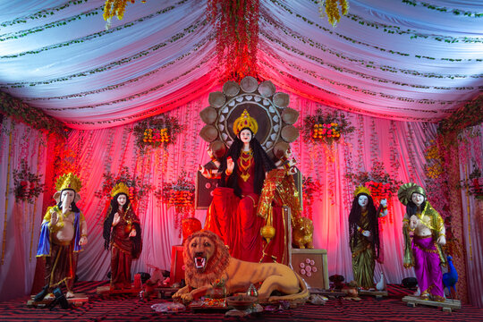 A beautiful idol of Maa Durga being worshipped at a pandal during Navratri. Navratri is biggest religious festival of Hinduism