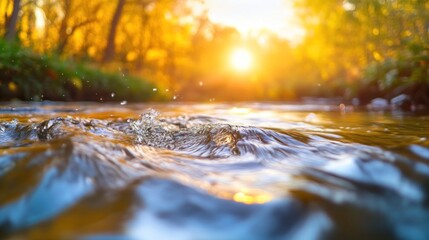 A serene river scene with sunlight filtering through trees, creating a tranquil atmosphere.