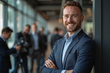 Fototapeta premium Confident businessman smiling brightly in office hallway against blurred colleagues