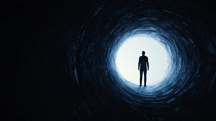 figure standing in dark tunnel with light fading in evokes sense of mystery