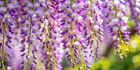 Naklejka premium Close up of beautiful wisteria flower plant in Japan showcasing yaekuro ryufuji variety, delicate petals in spring, detailed photography capturing the essence of nature and floral