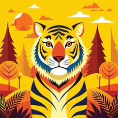 Powerful orange tiger with detailed black stripes and fierce gaze