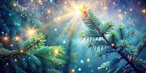 Fototapeta premium Ethereal Stardust Sprig Fir Branches Sparkling with Cosmic Energy in Magical Forest