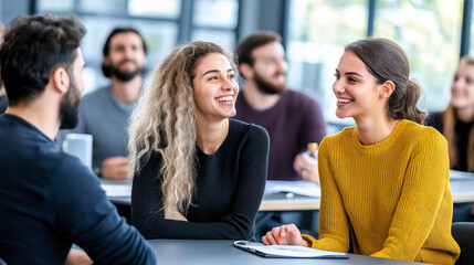 A group of young adults in classroom setting, engaged in lively discussion and smiling, creates positive and collaborative atmosphere. diverse group is focused and attentive