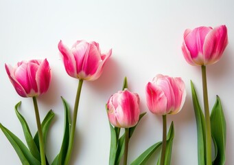 Fototapeta premium Five pink tulips with green stems arranged on a white background