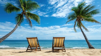 Beach chairs under palm trees by the ocean.