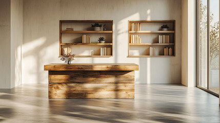 minimalist office featuring reclaimed wood desk and open shelves