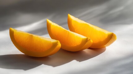 Three vibrant yellow fruit wedges arranged on a soft surface, showcasing natural light and shadows.