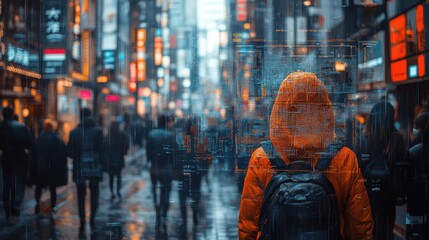 Obraz premium urban street scene with facial recognition technology overlay transparent digital elements highlight faces in a crowd blending reality with augmented data visualization